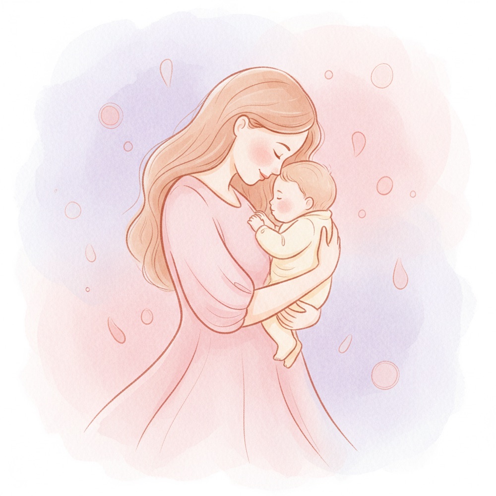Watercolor illustration of a mother gently holding her baby