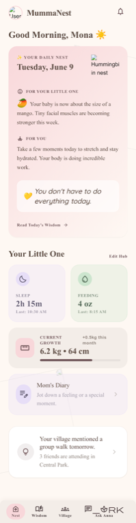 MummaNest home — your daily nest with baby milestones and trackers